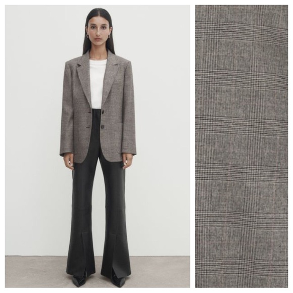 NWT. Massimo Dutti Grey Wool Blend Check Blazer with Pockets. Size 4.
